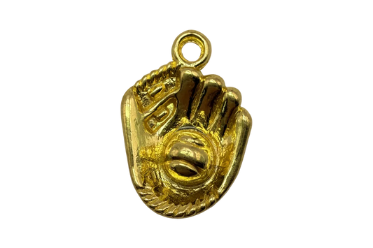Gold-toned baseball glove with raised baseball detail and glossy finish