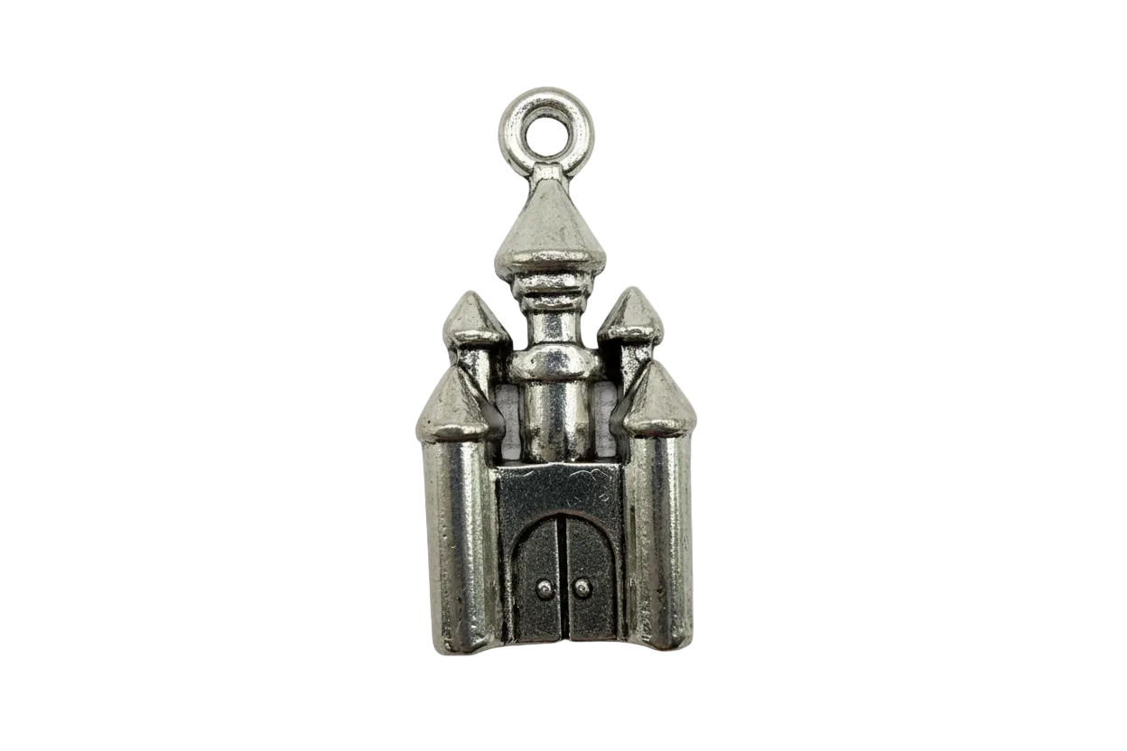 Antique silver castle charm with three spires and double-door detail