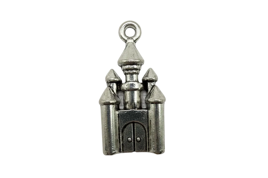 Antique silver castle charm with three spires and double-door detail