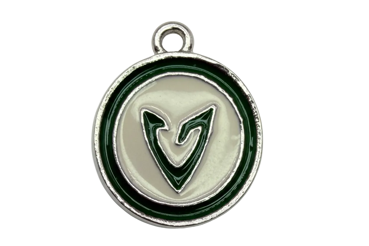Round silver-tone medallion with dark green border and green letter V on creamy white enamel