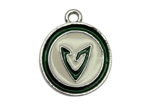 Round silver-tone medallion with dark green border and green letter V on creamy white enamel