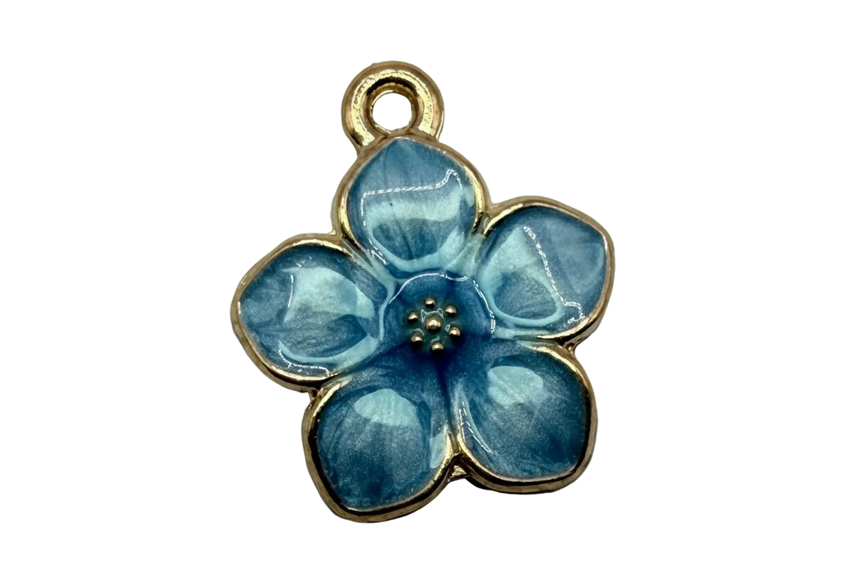 Glossy blue five-petal flower charm with gold outline and beaded center