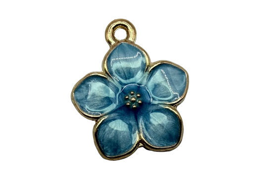 Glossy blue five-petal flower charm with gold outline and beaded center