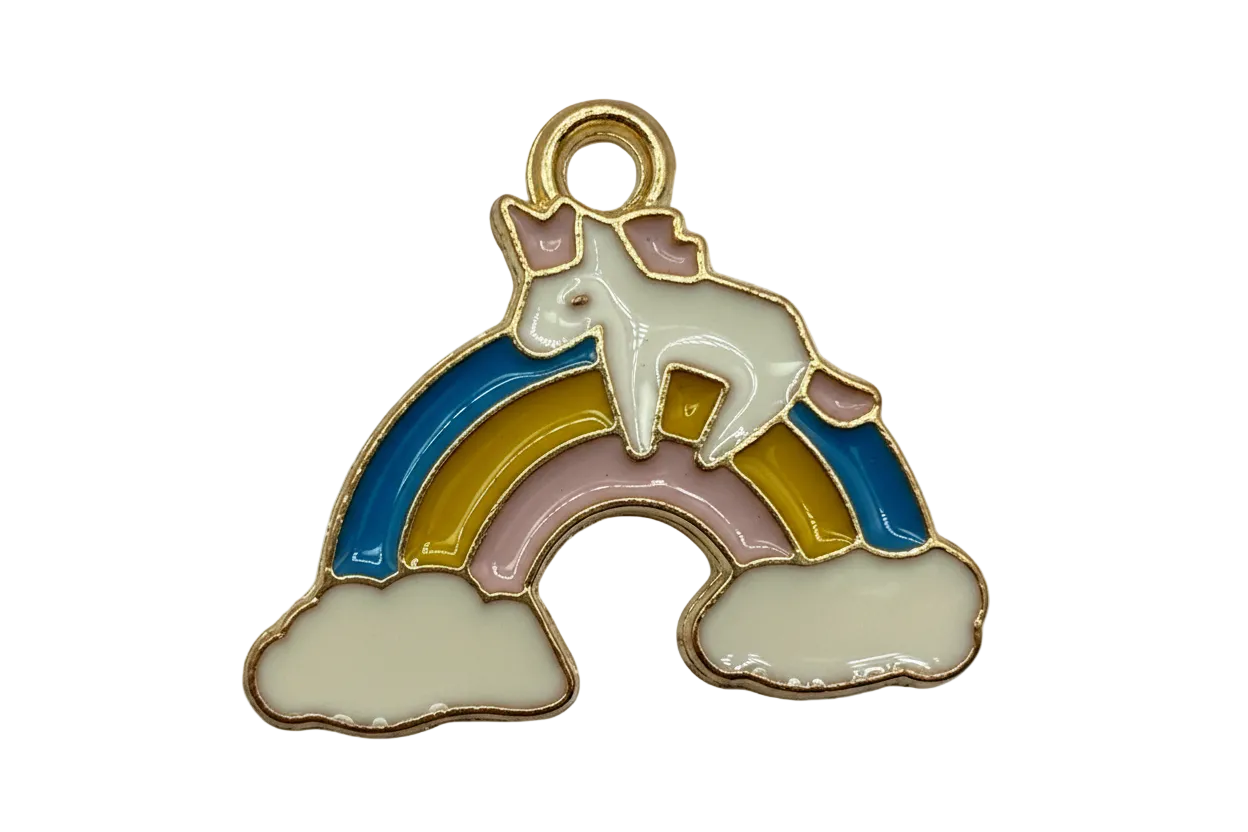 Gold-tone enamel unicorn resting on a pastel rainbow with white clouds