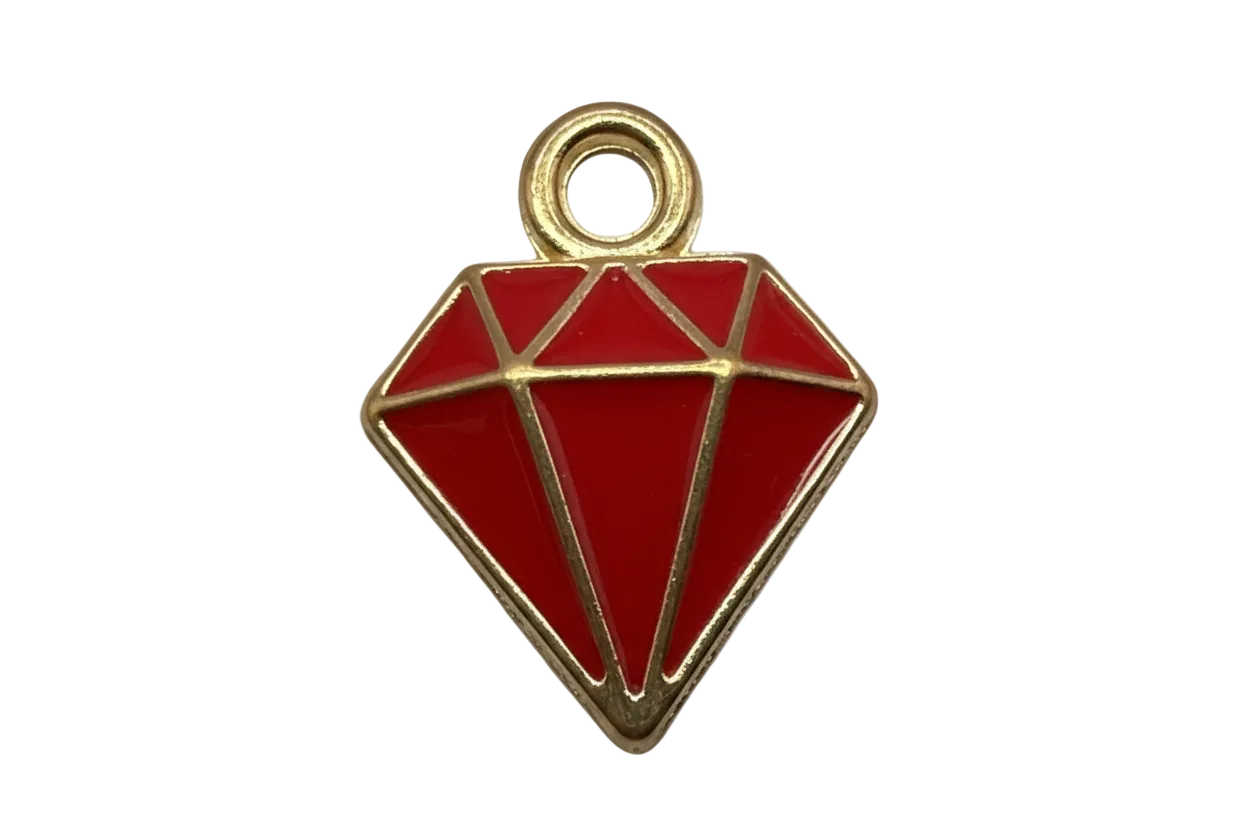 Ruby red geometric diamond icon with polished gold outline