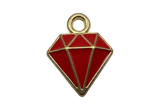 Ruby red geometric diamond icon with polished gold outline