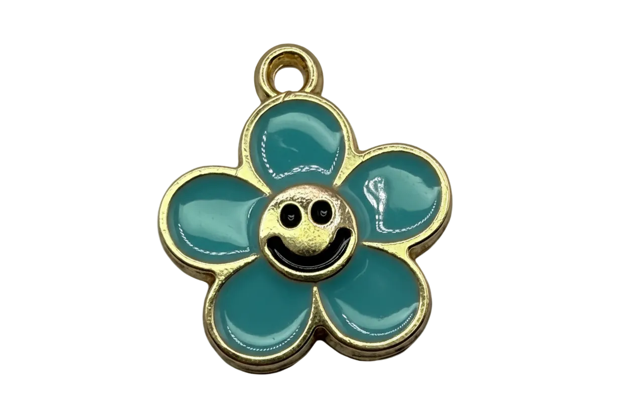 Teal-blue enamel flower charm with smiling face center and gold outline