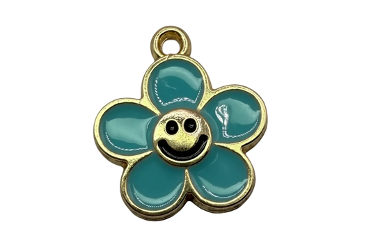 Teal-blue enamel flower charm with smiling face center and gold outline
