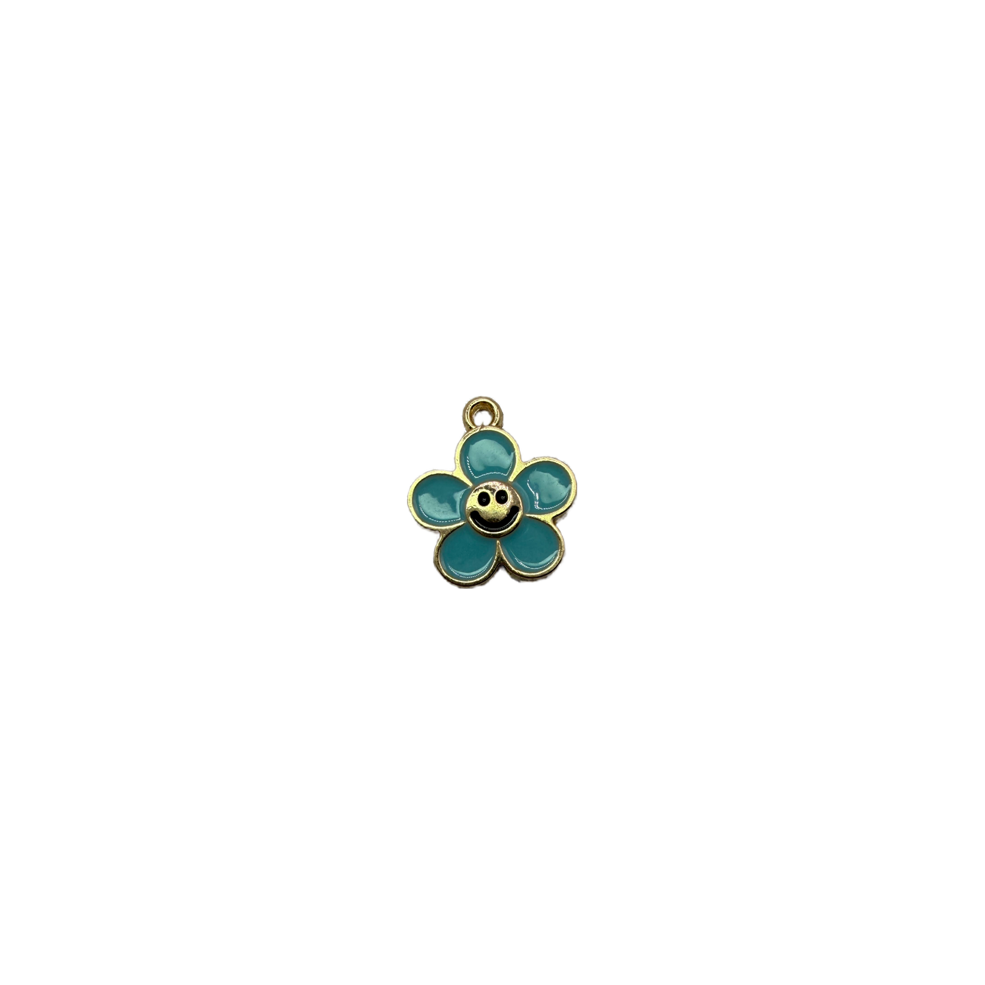Teal-blue enamel smiling flower with gold outline