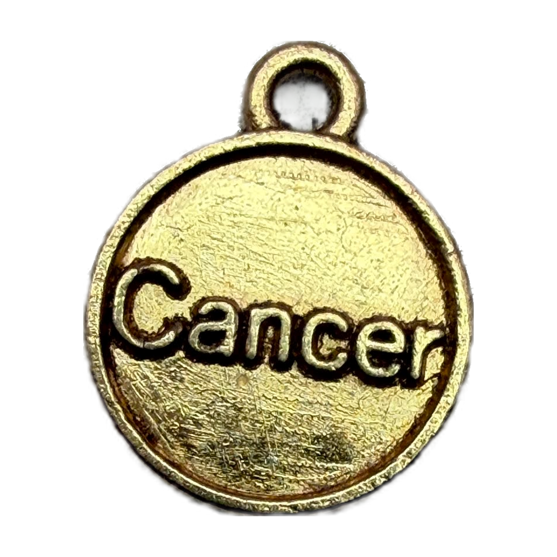 Gold round medallion with raised Cancer zodiac lettering and antiqued texture