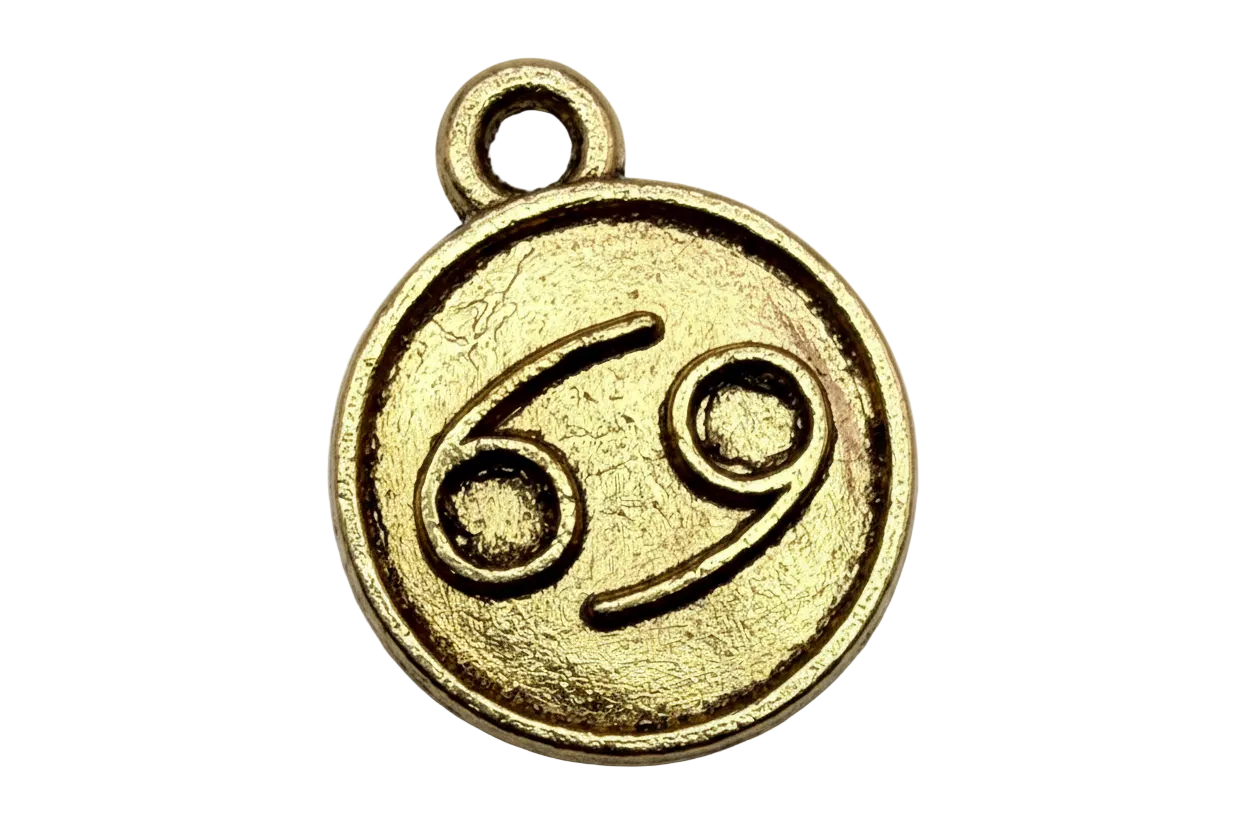 Gold round coin with engraved 69 motif and raised border