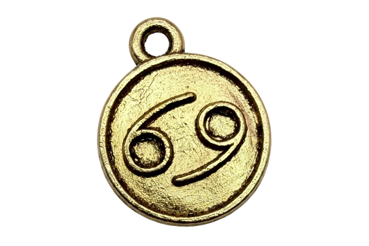 Gold round coin with engraved 69 motif and raised border