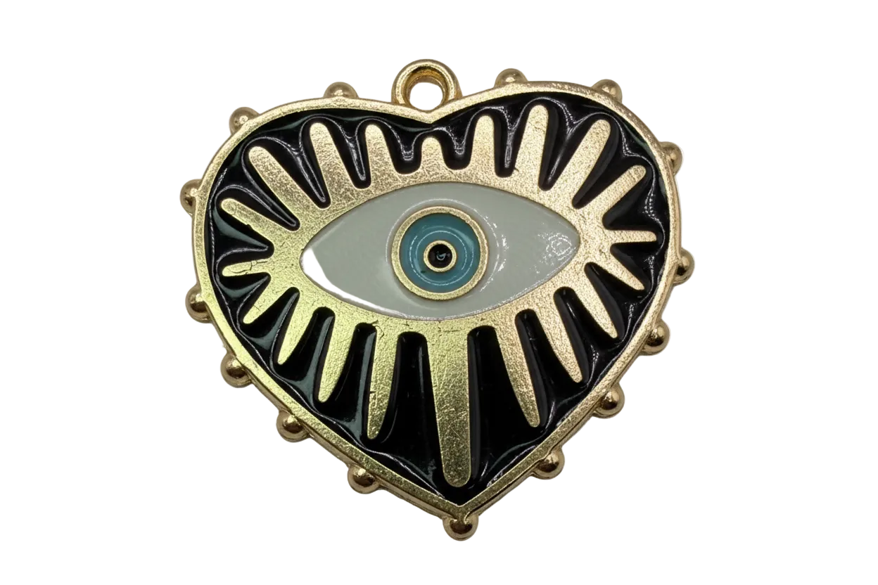 Gold heart medallion with black enamel rays and teal evil eye center