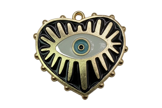 Gold heart medallion with black enamel rays and teal evil eye center