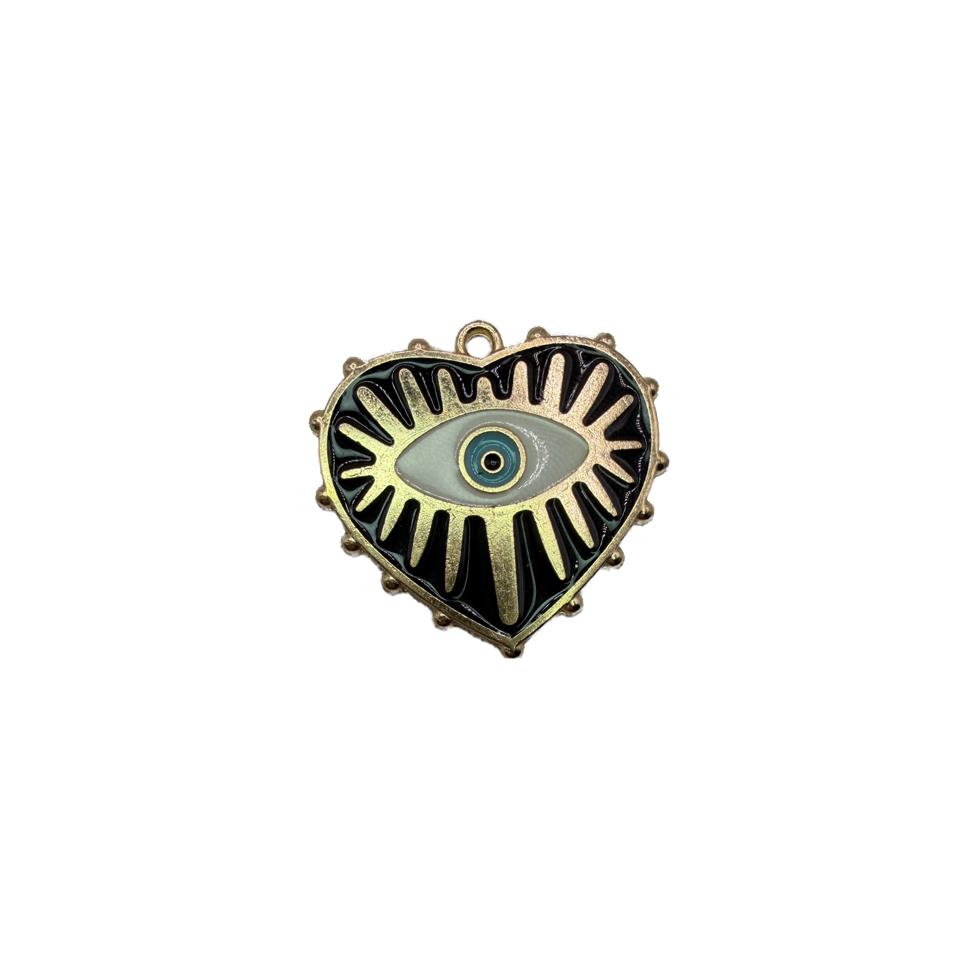 Gold heart with black enamel rays and teal evil eye