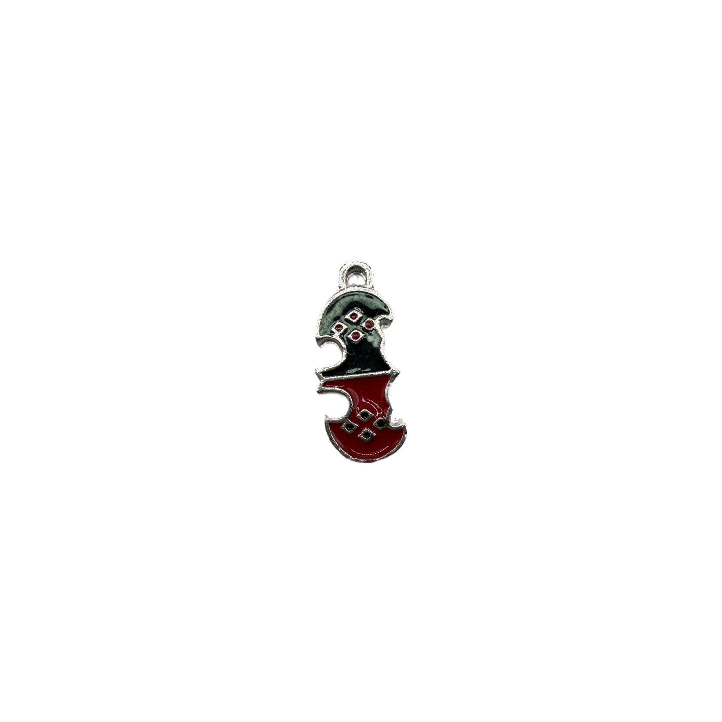 Two-tone red and black enamel puzzle piece with silver outline