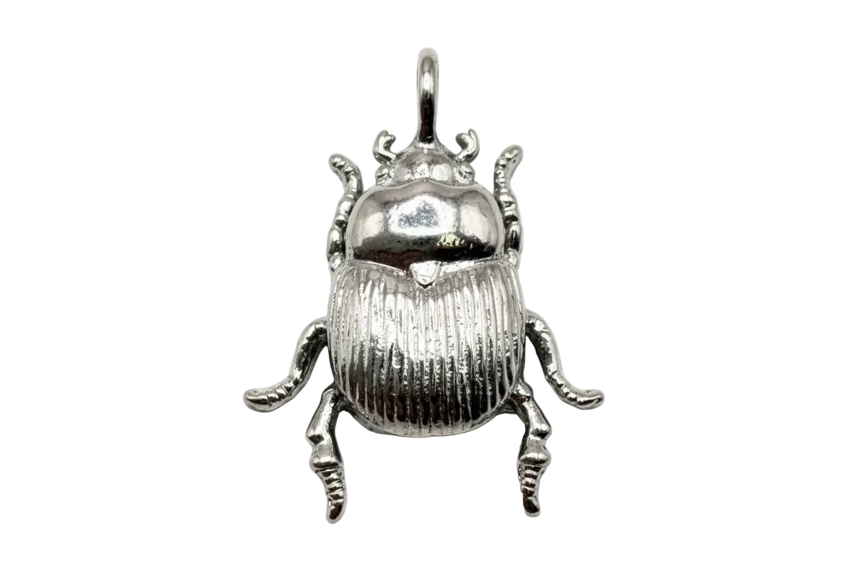 Polished silver scarab beetle charm with ribbed texture and detailed legs