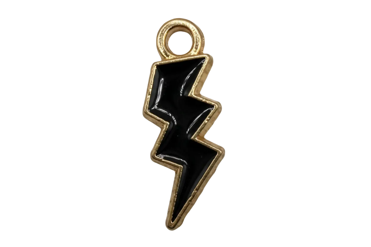 Glossy black enamel lightning bolt with gold outline