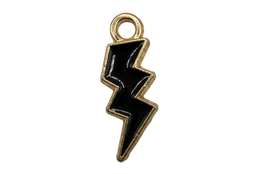 Glossy black enamel lightning bolt with gold outline