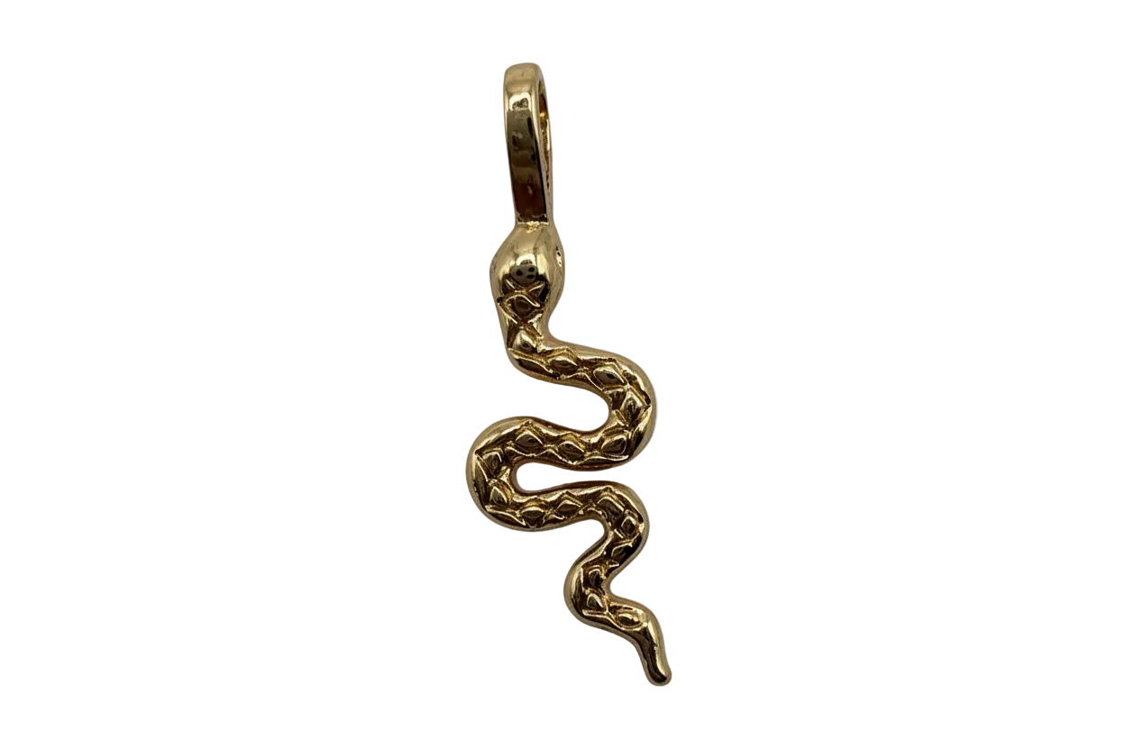 Gold textured snake charm with coiled serpentine silhouette and polished finish