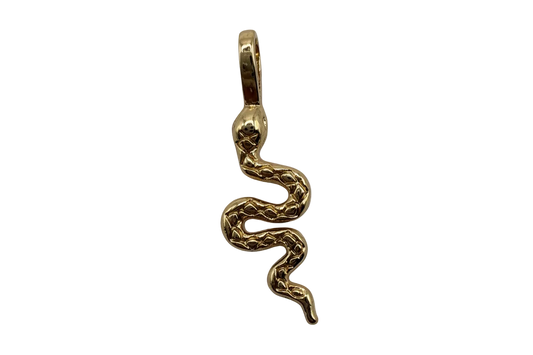 Gold textured snake charm with coiled serpentine silhouette and polished finish