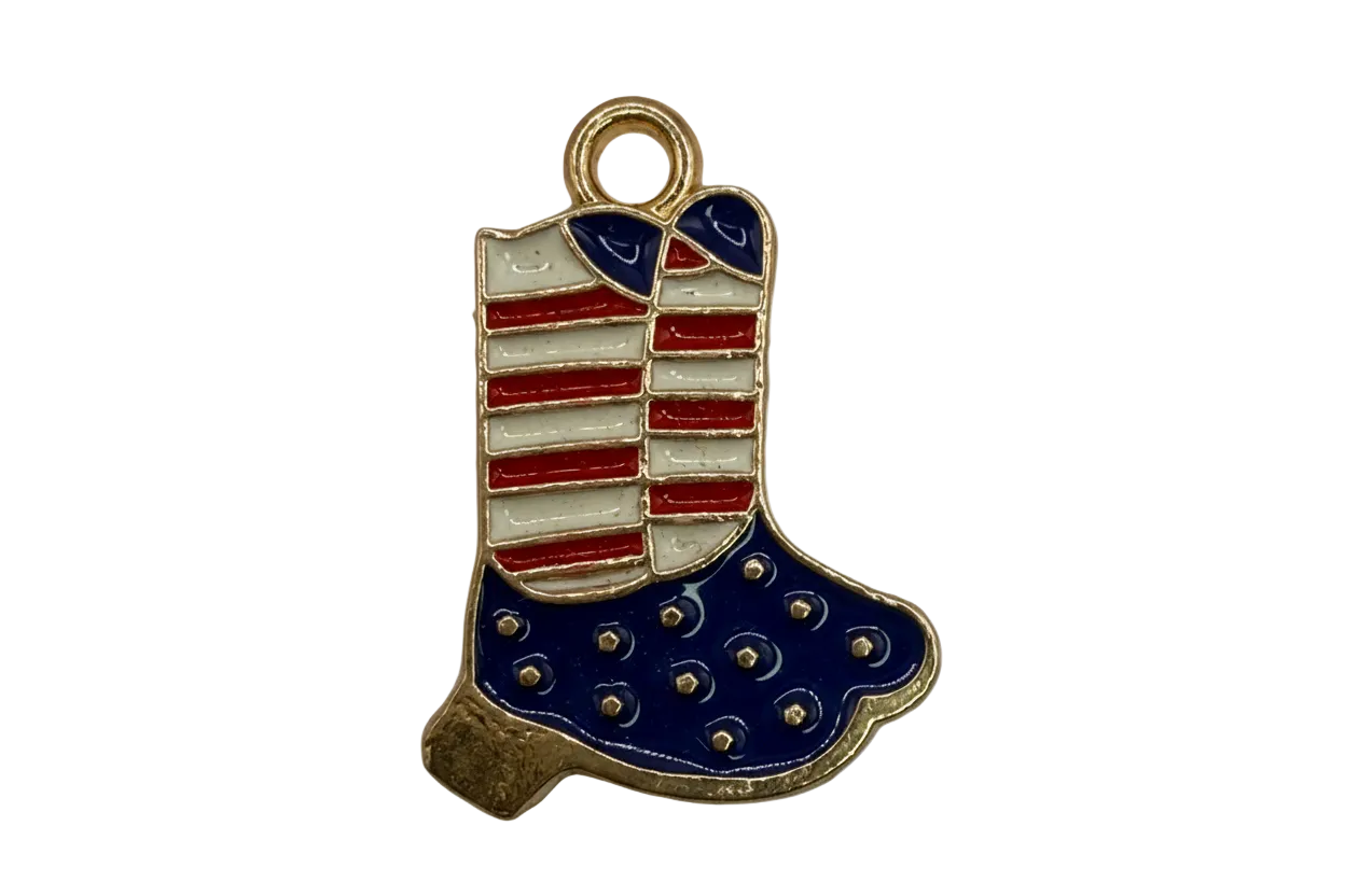 Gold-outlined enamel stocking boot with red and white stripes and navy blue star pattern