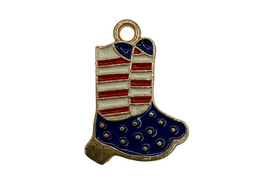 Gold-outlined enamel stocking boot with red and white stripes and navy blue star pattern