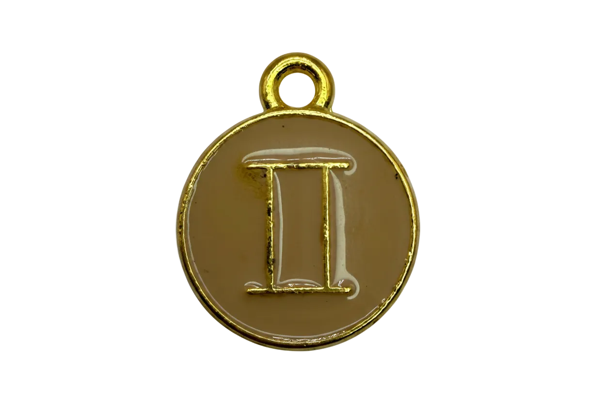 Round taupe enamel coin with raised gold letter I and gold rim