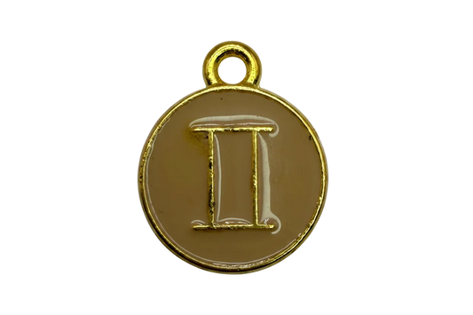 Round taupe enamel coin with raised gold letter I and gold rim