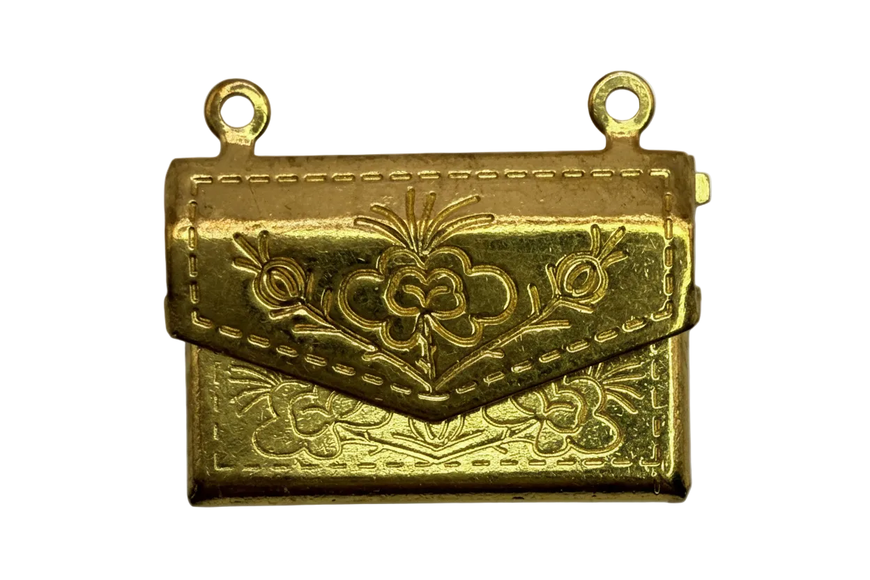 Gold envelope purse charm with engraved floral design and stitched border detailing