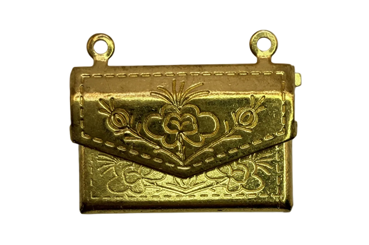 Gold envelope purse charm with engraved floral design and stitched border detailing