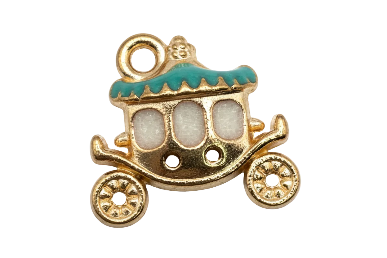 Gold carriage charm with teal enamel roof and white window panels