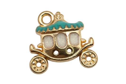 Gold carriage charm with teal enamel roof and white window panels