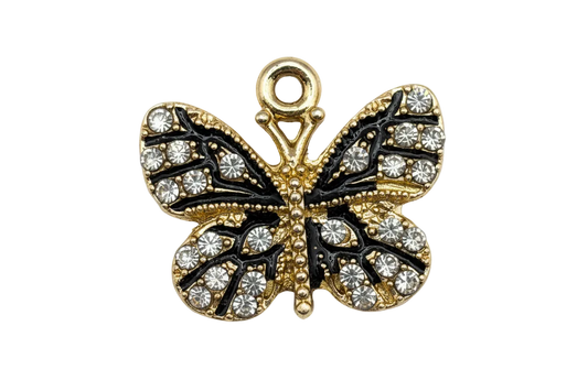 Gold butterfly charm with black enamel and clear pavé crystals