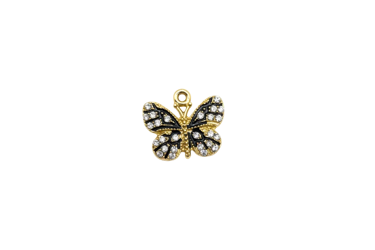 Gold butterfly with black enamel and clear crystals