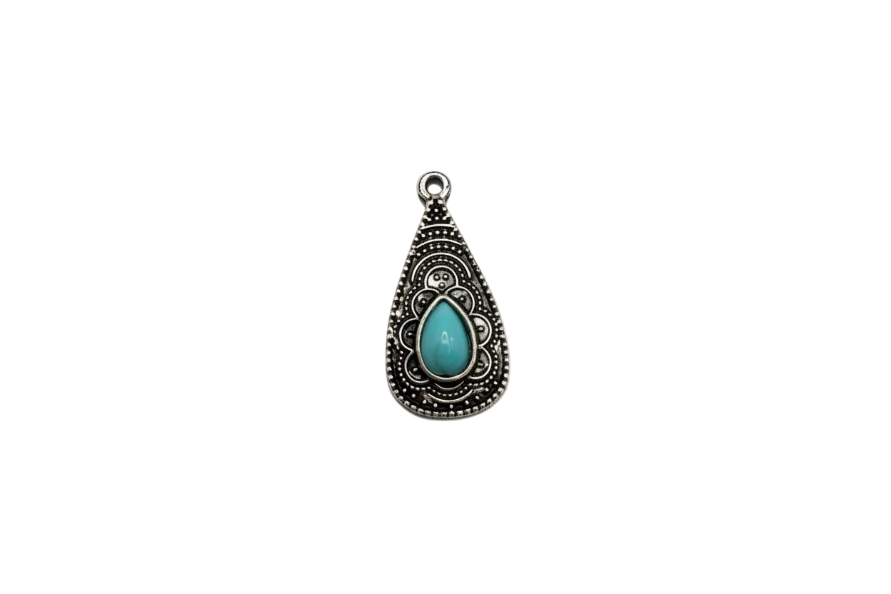 Silver-toned teardrop with filigree and turquoise teardrop gem