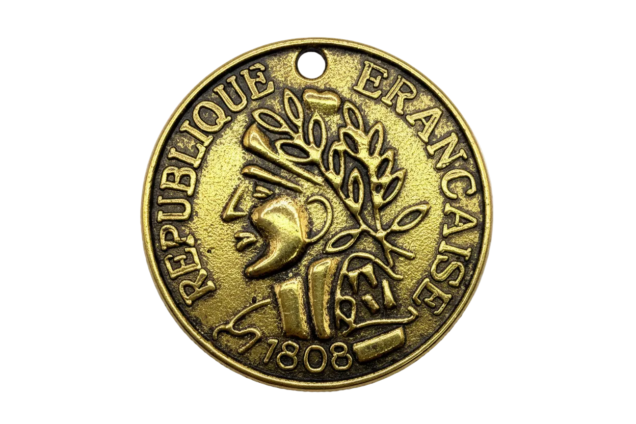 Antique gold coin medallion with raised lettering, profile silhouette, laurel branch, and 1808 date