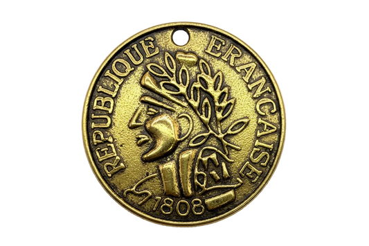 Antique gold coin medallion with raised lettering, profile silhouette, laurel branch, and 1808 date