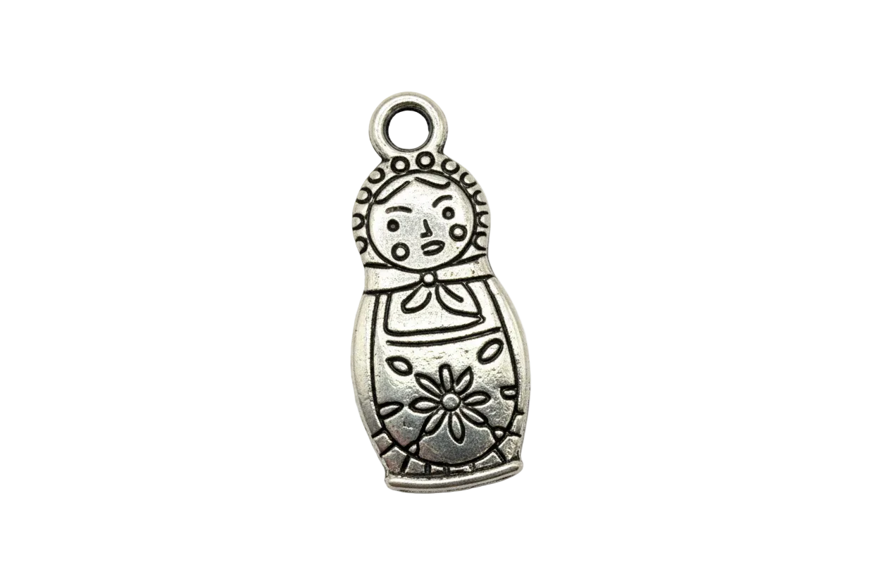Antiqued silver nesting doll charm with engraved flower and scarf details