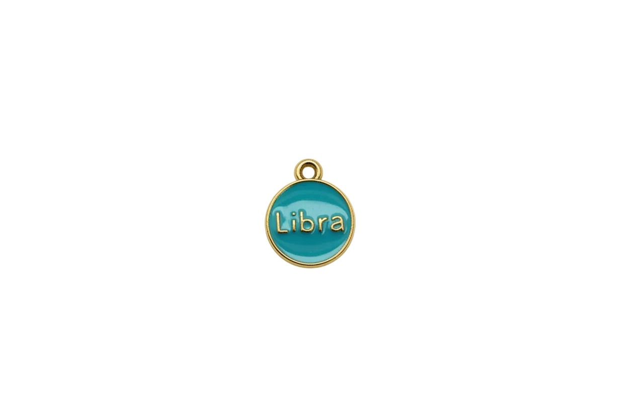 Teal zodiac disc with gold Libra lettering