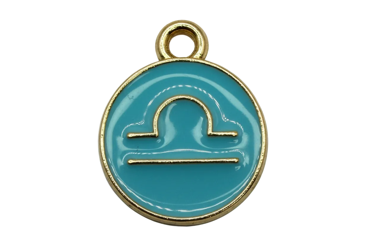 Teal enamel Libra zodiac coin with gold outline