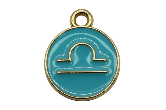 Teal enamel Libra zodiac coin with gold outline