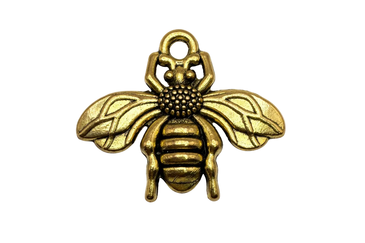 Antique-finish gold bee charm with engraved wings and textured body
