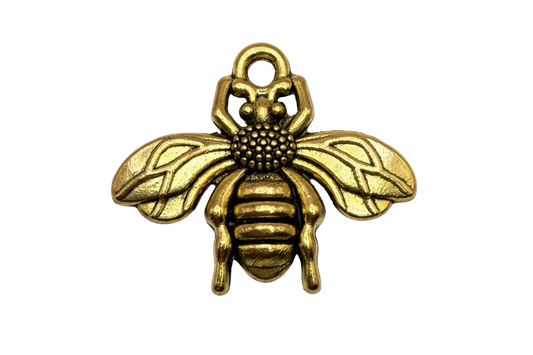 Antique-finish gold bee charm with engraved wings and textured body