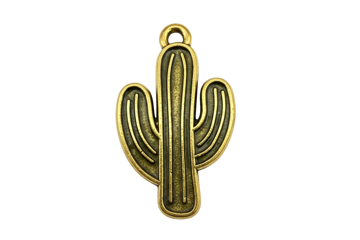 Gold cactus charm with antiqued dark recesses and raised line detailing