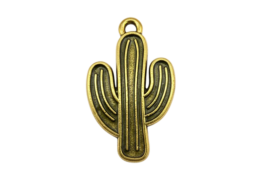 Gold cactus charm with antiqued dark recesses and raised line detailing