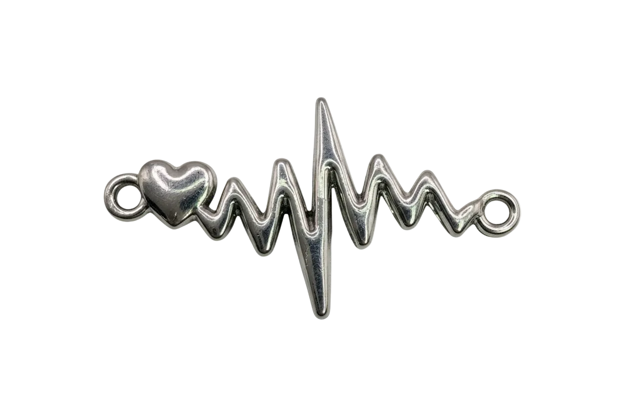 Polished silver heartbeat line with small heart accent on black background
