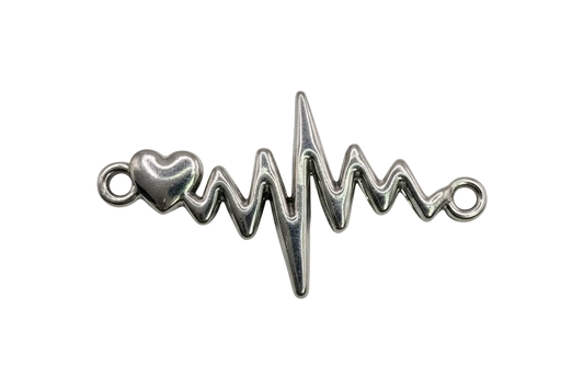 Polished silver heartbeat line with small heart accent on black background