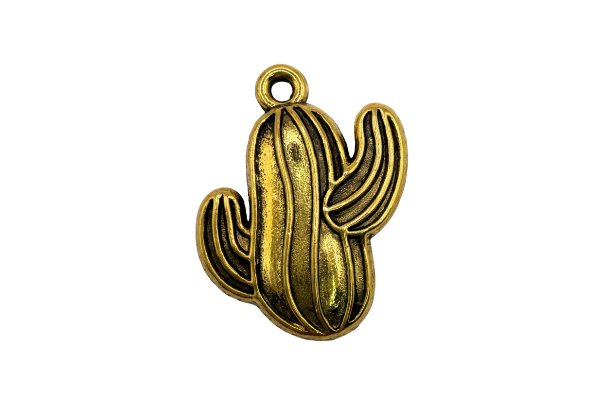 Polished gold cactus charm with dark recessed detailing