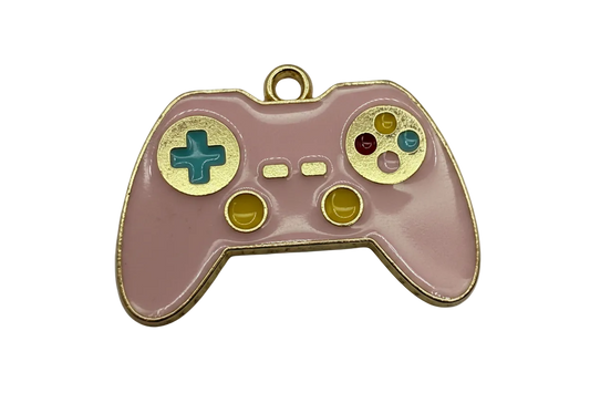 Blush pink enamel game controller charm with gold outline and multicolor buttons